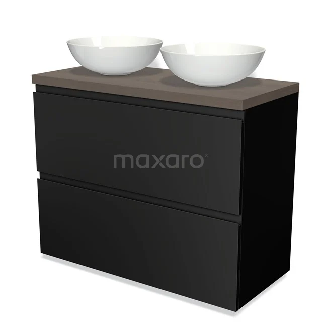 Schwarzes Badmöbel mit zwei weißen Aufsatzwaschbecken und einer Holzoptik Platte, perfekt für einen modernen Badezimmerstil.