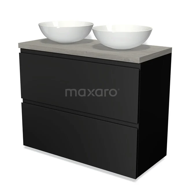 Modulo Plato Vanity units for countertop basin | 100 cm Matte black Handle-less front Grey oak worktop 2 stacked drawers under each other BMK13-00488