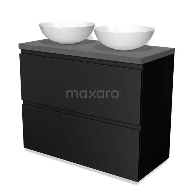 Badmöbel für Aufsatzwaschbecken 100cm Modulo Plato Matt Schwarz 2 hohe Schubladen Grifflos Dunkelgrauer Beton Platte BMK13-00490 Schwarzer Badschrank mit Doppelwaschbecken, mattem Finish und keramischen Schalen, ideal für moderne Badezimmergestaltung.