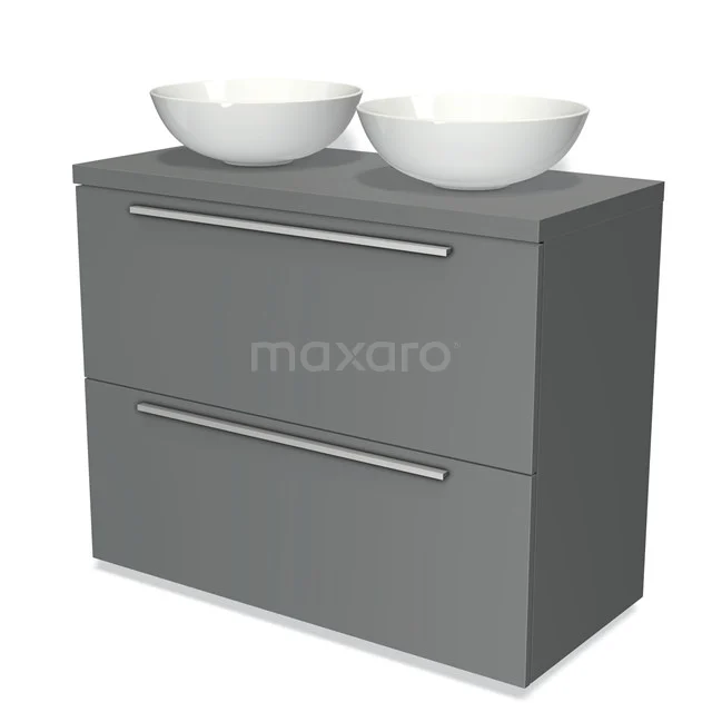 Grauer Badschrank mit zwei weißen, schalenförmigen Waschbecken, minimalistisches Design und schlichte Haltegriffe.