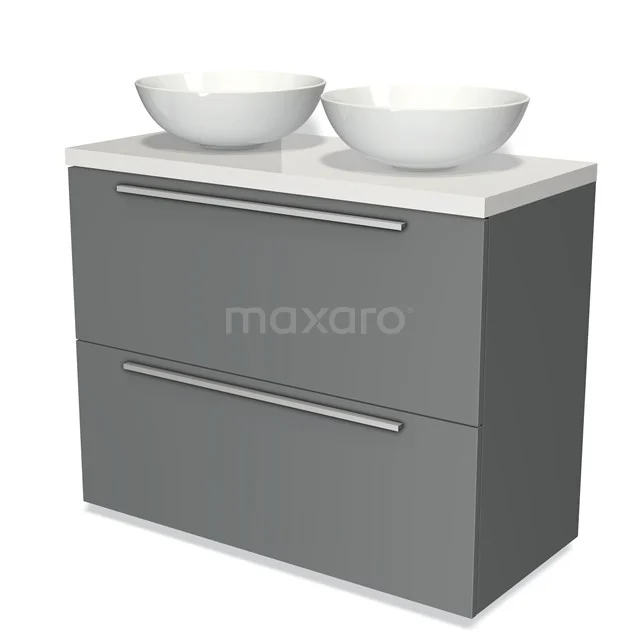 Graue Badmöbelset mit zwei weißen Waschbecken, modernes Design und geräumigen Schubladen, perfekt für ein stilvolles Badezimmer.