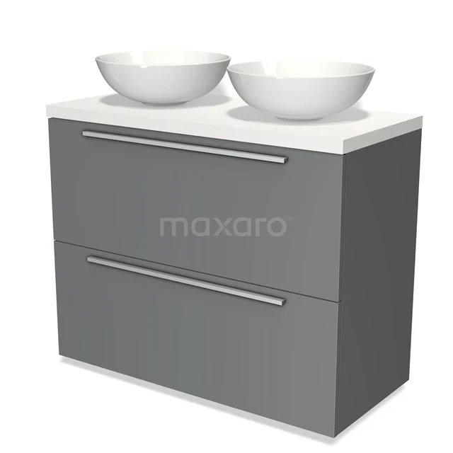 Grauer Badschrank mit doppelten Aufsatzwaschbecken, modernes Design, glatte Schubladen und sauber verarbeitet; ideal für Badezimmerlagerung.