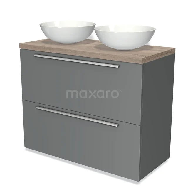 Grey bathroom cabinet with wood-look worktop and double round white countertop wash basins, modern style, ideal for bathroom storage.