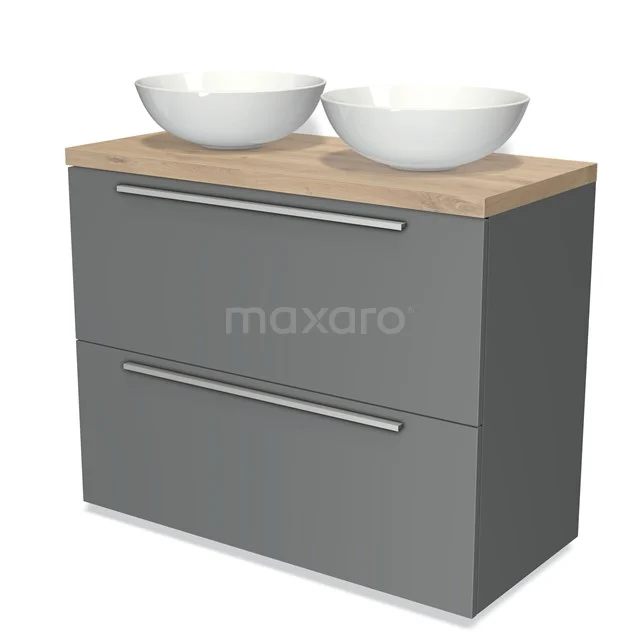 Modulo Plato Vanity units for countertop basin | 100 cm Mid grey Flat front Light brown oak worktop 2 stacked drawers under each other BMK13-00499
