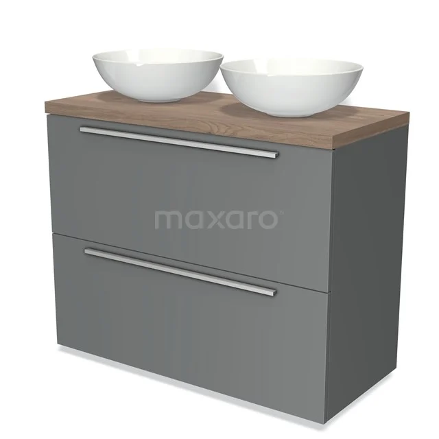 Grauer Badschrank mit Holzplatte und zwei weißen Aufsatzwaschbecken, modernes Design für stilvolle Badezimmergestaltung.