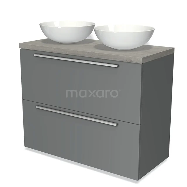 Graue Badmöbelset mit zwei weißen runden Aufsatzwaschbecken, schlichtem Design und metallischen Haltegriffen für moderne Bäder.