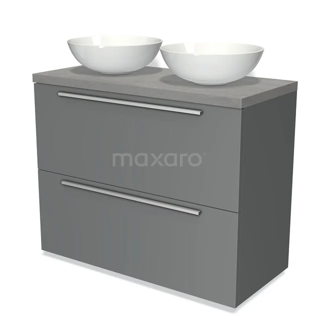 Badmöbel für Waschtischunterschrank mit Konsole 100cm Modulo Plato Mittelgrau 2 hohe Schubladen Flach Hellgrauer Beton Platte BMK13-00503 Graues Badezimmermöbel mit Doppelwaschbecken, modernem Aussehen, zwei Schubladen und schlichten Metallhaltegriffen.