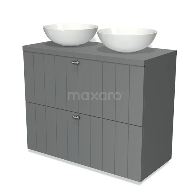 Graue Badmöbelset mit doppelten weißen Aufsatzwaschbecken, modernes Design und vertikalen Linien, ideal für stilvolle Badezimmer.