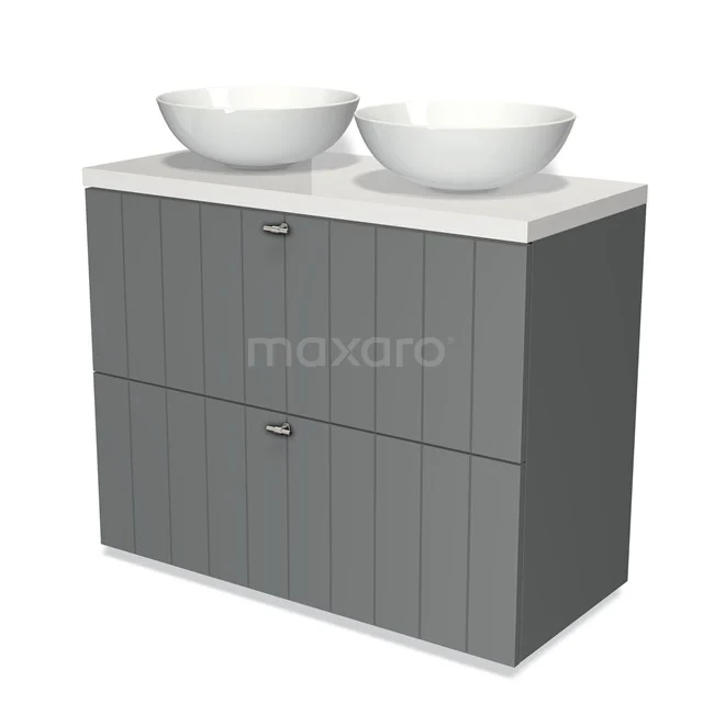 Badmöbel für Waschtischunterschrank mit Konsole 100cm Modulo Plato Mittelgrau 2 hohe Schubladen Lamelle Hochglanz Weiß Platte BMK13-00507 Graues Doppelwaschbeckenmöbel mit vertikalen Linien, zwei weißen aufsatzwaschbeckenförmigen Waschbecken, ideal für stilvolle Bäder.