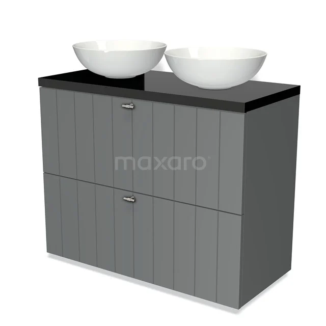 Modulo Plato Vanity units for countertop basin | 100 cm Mid grey Slat front High-gloss black worktop 2 stacked drawers under each other BMK13-00510
