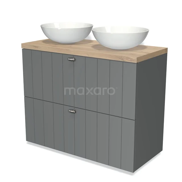 Modulo Plato Vanity units for countertop basin | 100 cm Mid grey Slat front Light brown oak worktop 2 stacked drawers under each other BMK13-00513