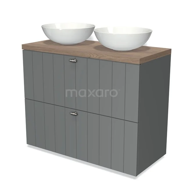Modulo Plato Vanity units for countertop basin | 100 cm Mid grey Slat front Mid brown oak worktop 2 stacked drawers under each other BMK13-00514