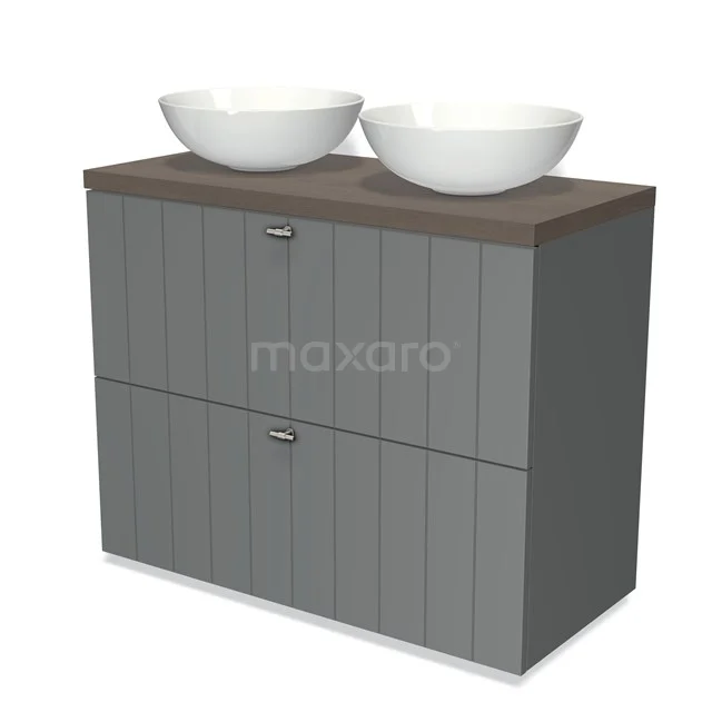 Modulo Plato Vanity units for countertop basin | 100 cm Mid grey Slat front Dark brown oak worktop 2 stacked drawers under each other BMK13-00515
