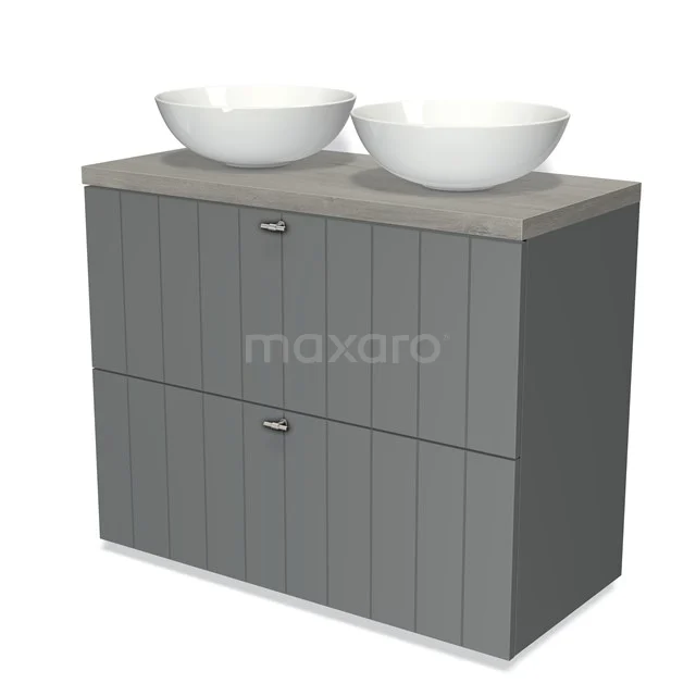 Modulo Plato Vanity units for countertop basin | 100 cm Mid grey Slat front Grey oak worktop 2 stacked drawers under each other BMK13-00516