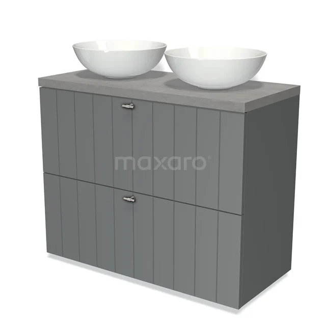 Modulo Plato Vanity units for countertop basin | 100 cm Mid grey Slat front Light grey concrete worktop 2 stacked drawers under each other BMK13-00517