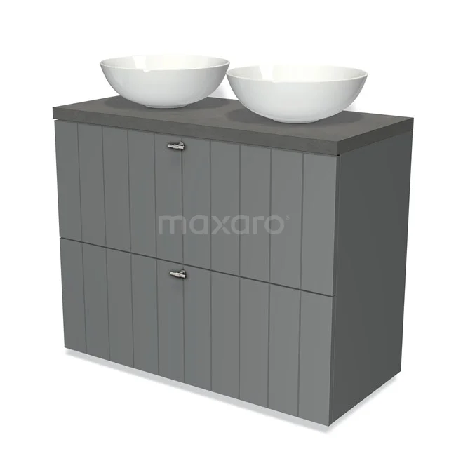 Modulo Plato Vanity units for countertop basin | 100 cm Mid grey Slat front Dark grey concrete worktop 2 stacked drawers under each other BMK13-00518