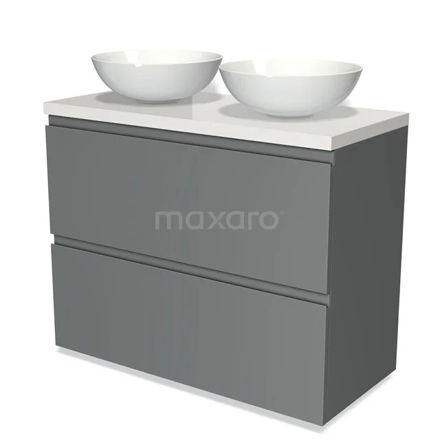 Graue Badmöbelset mit zwei weißen Aufsatzwaschbecken, modernes Design und glatte Oberfläche für ein stilvolles Badezimmer.