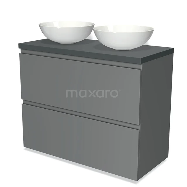 Graue Badmöbelset mit zwei weißen Aufsatzwaschbecken, modernes Design mit klaren Linien und Softclose-Schubladen.