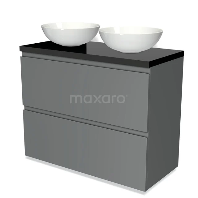 Badmöbel für Waschtischunterschrank mit Konsole 100cm Modulo Plato Mittelgrau 2 hohe Schubladen Grifflos Hochglanz Schwarz Platte BMK13-00524 Grauer Badschrank mit zwei weißen Aufsatzwaschbecken, schwarzer Glasplatte, modernes Design perfekt für ein stilvolles Badezimmer.
