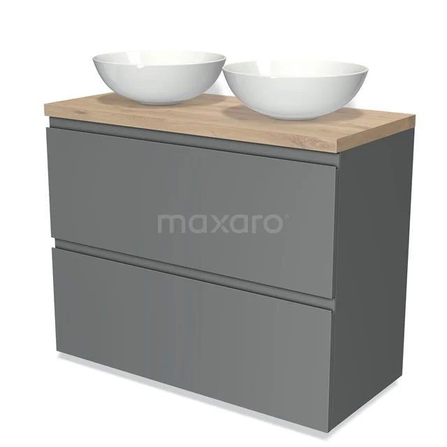 Modulo Plato Vanity units for countertop basin | 100 cm Mid grey Handle-less front Light brown oak worktop 2 stacked drawers under each other BMK13-00527
