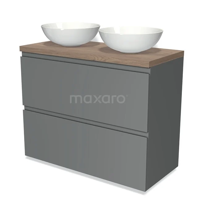 Modulo Plato Badmöbel mit Aufsatzwaschbecken | 100 cm Mittelgrau Grifflos front Mittelbraune Eiche blatt 2 hohe Schubladen übereinanderliegend BMK13-00528 Graue Badmöbelset mit zwei weißen Aufsatzwaschbecken, Holzplatte und modernem Design, ideal für moderne Bäder.