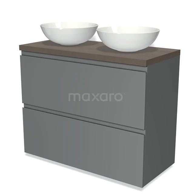 Modulo Plato Badmöbel mit Aufsatzwaschbecken | 100 cm Mittelgrau Grifflos front Dunkelbraune Eiche blatt 2 hohe Schubladen übereinanderliegend BMK13-00529 Graue Badmöbelset mit Holzlook-Platte und zwei weißen Aufsatzwaschbecken, moderner Stil und klares Design.