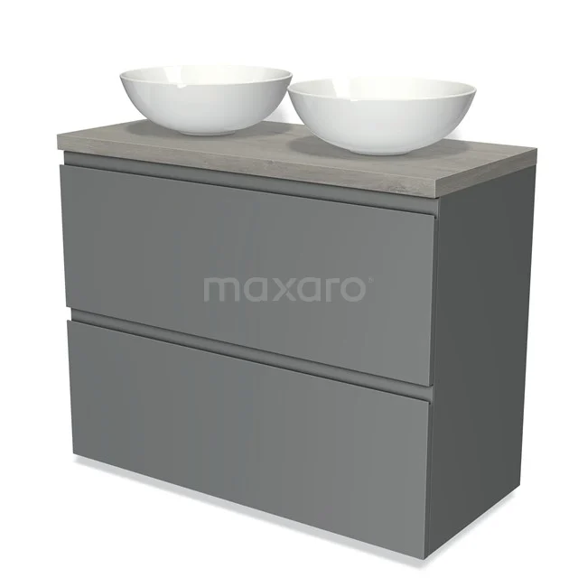 Grauer Badschrank mit zwei weißen Waschbecken, elegantes Design, ideal für moderne Bäder, langlebige Melamin-Oberfläche.