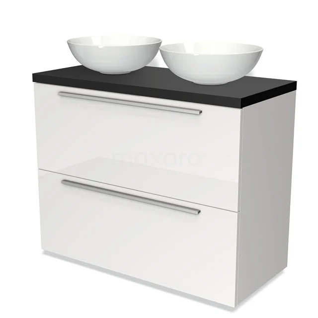 Modulo Plato Badmöbel mit Aufsatzwaschbecken | 100 cm Hochglanz Weiß Flach front Matt Schwarz blatt 2 hohe Schubladen übereinanderliegend BMK13-00533 Weißer Badschrank mit schwarzer Platte und zwei keramischen Aufsatzwaschbecken, modernes Design, ideal für stilvolle Badezimmer.