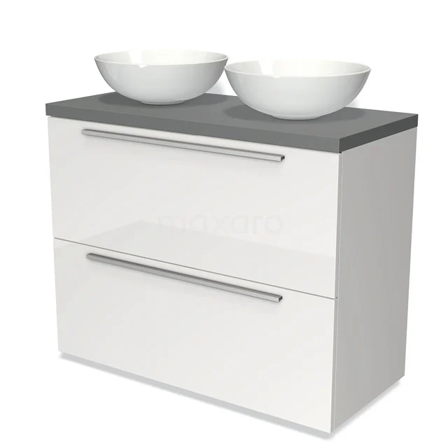 Weiße Badmöbelset mit grauer Platte, doppelten Aufsatzwaschbecken und chromatischen Haltegriffen, modernes Design.