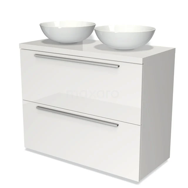 Weißes Badezimmermöbel mit doppelten Aufsatzwaschbecken, modernes Design, zwei Schubladen mit Metallgriffen, ideal für stilvolle Bäder.