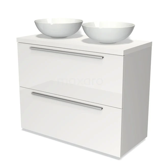 Badmöbel für Waschtischunterschrank mit Konsole 100cm Modulo Plato Hochglanz Weiß 2 hohe Schubladen Flach Matt Weiß Platte BMK13-00536 Weißes Badezimmermöbel mit zwei keramischen Aufsatzwaschbecken, schlichten Schubladen und silbernen Haltegriffen, perfekt für moderne Badezimmergestaltungen.