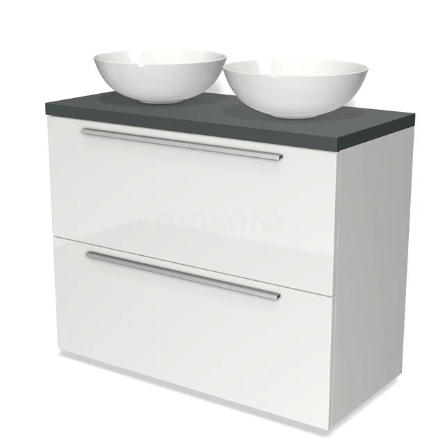Modulo Plato Badmöbel mit Aufsatzwaschbecken | 100 cm Hochglanz Weiß Flach front Dunkelgrau blatt 2 hohe Schubladen übereinanderliegend BMK13-00537 Weißes Badezimmermöbel mit schwarzer Platte, zwei runden Aufsatzwaschbecken und schlichten silbernen Haltegriffen, ideal für ein modernes Badezimmer.