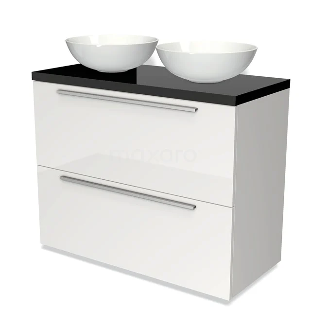Badmöbel für Waschtischunterschrank mit Konsole 100cm Modulo Plato Hochglanz Weiß 2 hohe Schubladen Flach Hochglanz Schwarz Platte BMK13-00538 Weißes Badezimmermöbel mit schwarzer Oberseite, zwei runden Waschbecken, modernen Haltegriffen und einem klaren, minimalistischen Stil.
