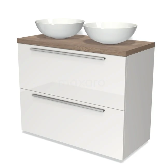 Weißes Badezimmermöbel mit zwei Schubladen, Holzplatte und doppelter schalenförmiger Waschbecken; modernes Design für stilvolle Bäder.