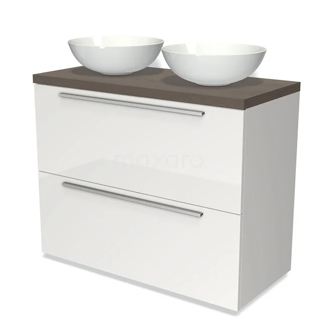 Weiße Badmöbelset mit zwei runden Waschbecken, Holzplatte und minimalistischem Design, perfekt für ein modernes Badezimmer.