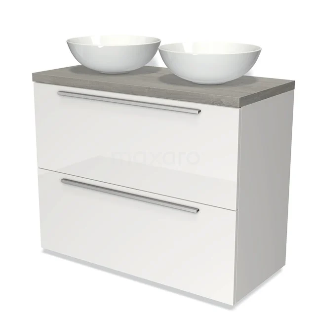 Weißes Badezimmermöbel mit zwei Aufsatzwaschbecken, schlichtes Design, graue Platte aus Keramik, ideal für ein modernes Badezimmer.