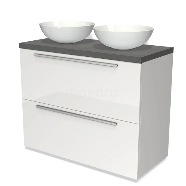 Weißes Badezimmermöbel mit Doppelwaschbecken, grauer Oberseite und zwei Schubladen, ideal für moderne Badezimmeraufstellungen.
