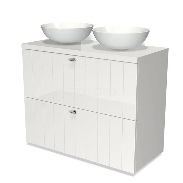 White vanity set with two round basins, glossy finish, modern style; ideal for a stylish bathroom upgrade.