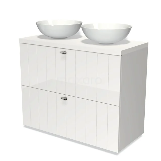 Modulo Plato Badmöbel mit Aufsatzwaschbecken | 100 cm Hochglanz Weiß Lamelle front Matt Weiß blatt 2 hohe Schubladen übereinanderliegend BMK13-00550 Weißes Badezimmermöbel mit Doppelwaschbecken, modernes Design, Hochglanz-Oberfläche und zusätzlichem Stauraum mit Soft-Close-Schubladen.