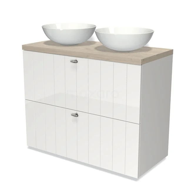 White glossy bathroom unit with two vanity units with basin and light wooden worktop, modern design.