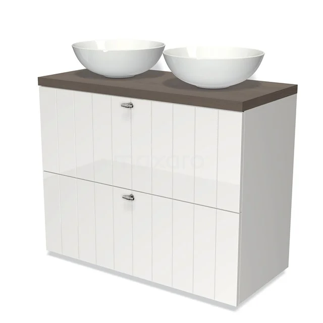 White bathroom unit with two round basins, wood-look worktop and modern finish; perfect for a stylish bathroom design.