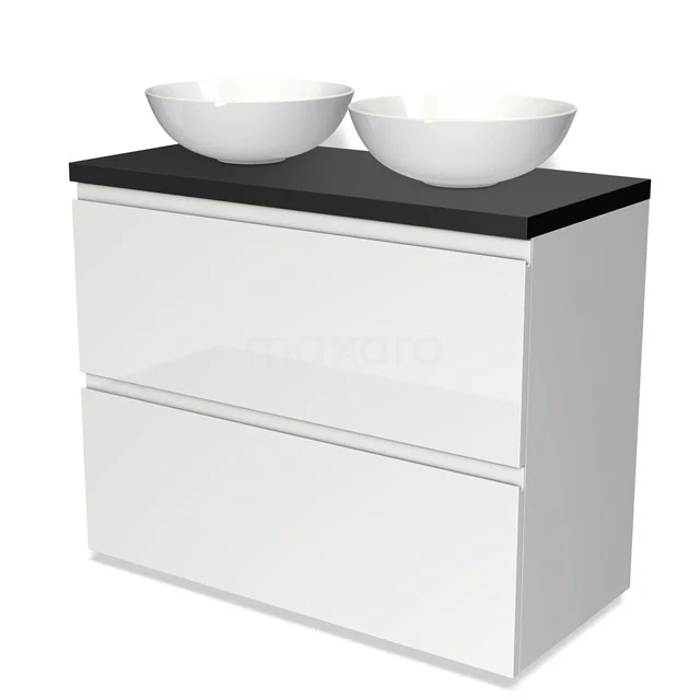 Badmöbel für Waschtischunterschrank mit Konsole 100cm Modulo Plato Hochglanz Weiß 2 hohe Schubladen Grifflos Matt Schwarz Platte BMK13-00561 Weißes Badezimmermöbel mit schwarzer Oberfläche und doppeltem rundem Waschbecken, moderne Ausstrahlung und zwei Schubladen für zusätzlichen Stauraum.