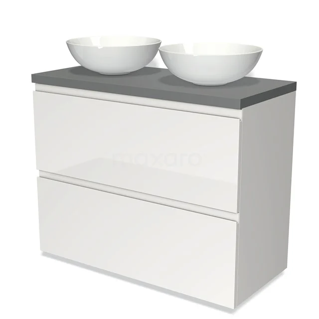 Badmöbel für Waschtischunterschrank mit Konsole 100cm Modulo Plato Hochglanz Weiß 2 hohe Schubladen Grifflos Mittelgrau Platte BMK13-00562 Weißes Badezimmermöbel mit zwei runden Waschbecken, grauer Oberseite und zwei Schubladen, modernes Design für praktische Badezimmerlagerung.