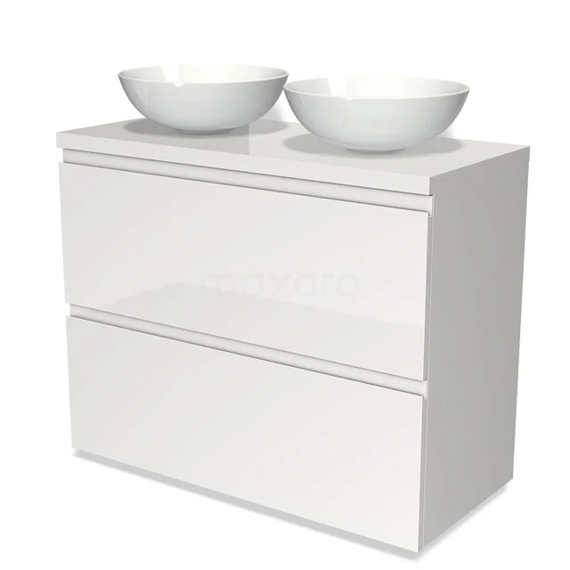 Weißes Badezimmermöbel mit zwei runden Aufsatzwaschbecken, modernem Design, Hochglanzoberfläche und praktischen Schubladen für zusätzlichen Stauraum.