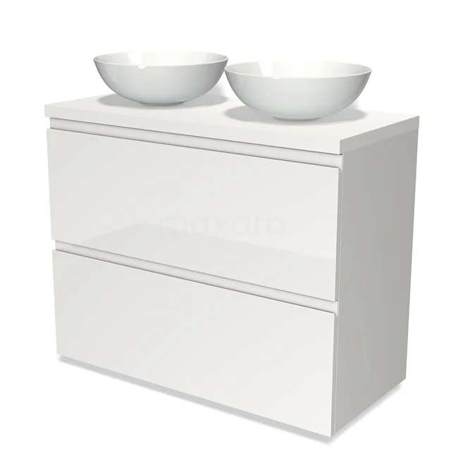 Badmöbel für Waschtischunterschrank mit Konsole 100cm Modulo Plato Hochglanz Weiß 2 hohe Schubladen Grifflos Matt Weiß Platte BMK13-00564 Weißer Badschrank mit zwei keramischen Aufsatzwaschbecken, schlankes Design, ideal für moderne Bäder.