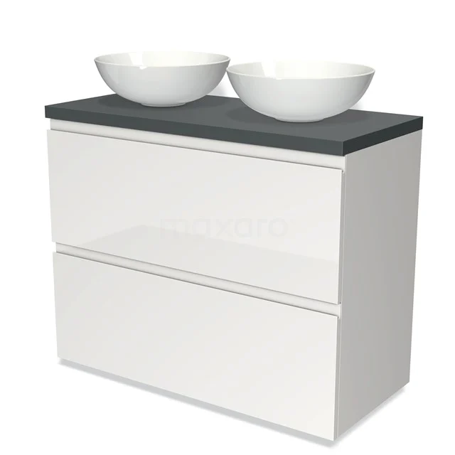Badmöbel für Waschtischunterschrank mit Konsole 100cm Modulo Plato Hochglanz Weiß 2 hohe Schubladen Grifflos Dunkelgrau Platte BMK13-00565 Weißes Badezimmermöbel mit doppelten Aufsatzwaschbecken, schwebendes Design, graue Oberplatte, modern und minimalistisch.