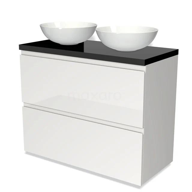Weißes Badezimmermöbel mit schwarzer Platte, zwei runden Waschbecken, modernes Design, ideal für stilvollen Stauraum im Badezimmer.
