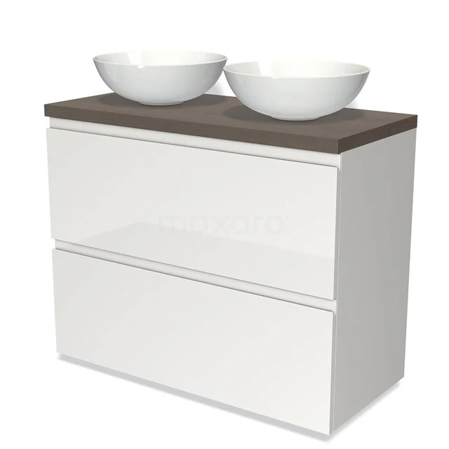 Modulo Plato Vanity units for countertop basin | 100 cm High-gloss white Handle-less front Dark brown oak worktop 2 stacked drawers under each other BMK13-00571
