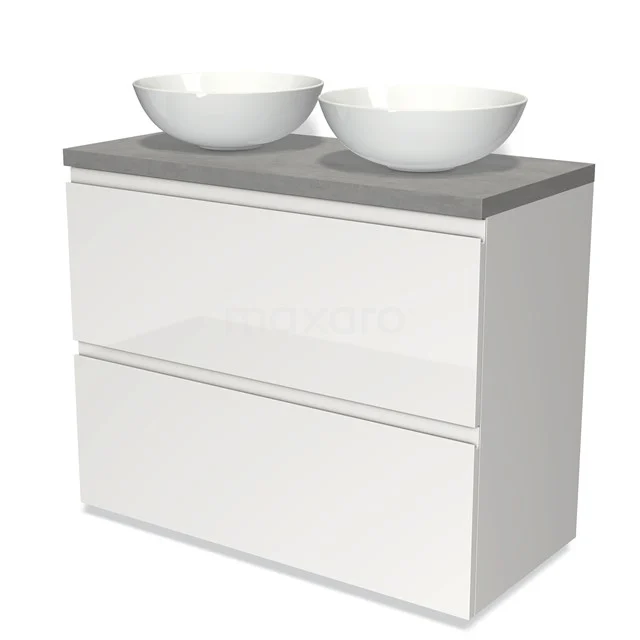 Modulo Plato Vanity units for countertop basin | 100 cm High-gloss white Handle-less front Light grey concrete worktop 2 stacked drawers under each other BMK13-00573