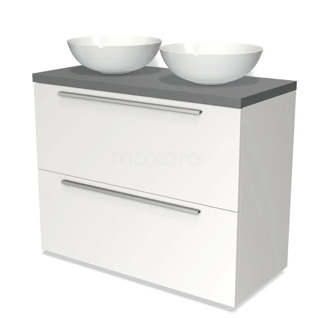 Weißes Badmöbel mit zwei runden Waschbecken, grauer Platte und schickem Design, perfekt für moderne Bäder.